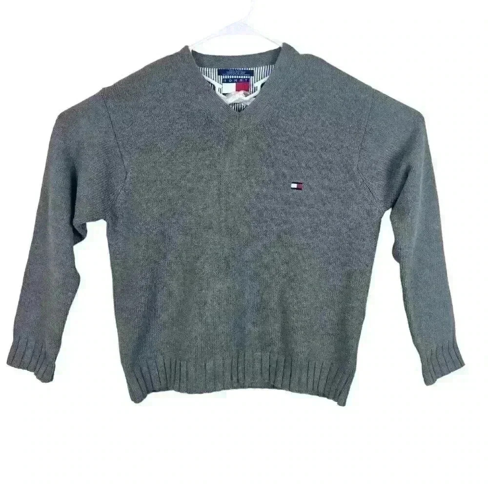 Tommy Hilfiger Sweater Mens‎ Medium Gray Cotton Knit V Neck Pullover